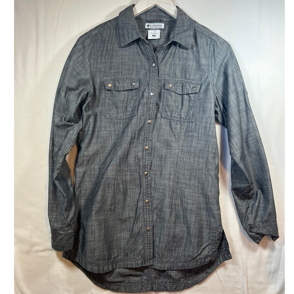 Columbia Mens Small Gray Cotton Chambray Snap Front Long Sleeve Shirt